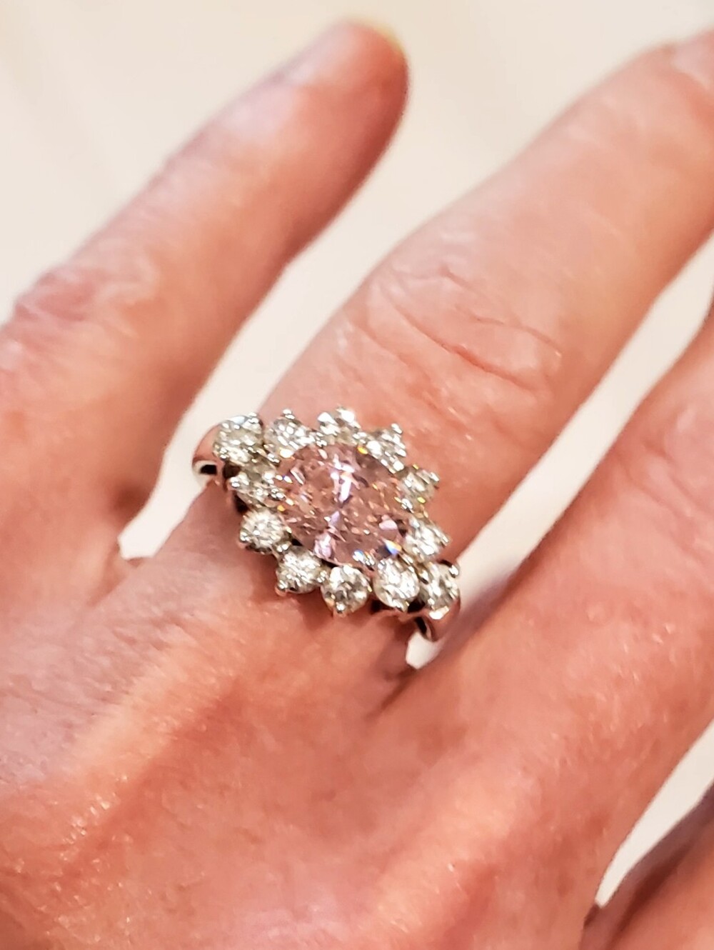 Vintage 925 Sterling Cluster Cocktail Ring Oval Pink Stone, 12 Round CZs Sz 7